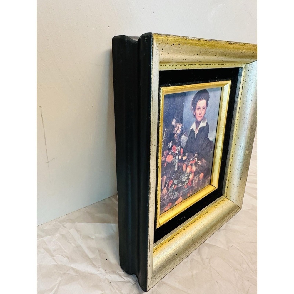 vintage 1970s silver leaf framed 'boy with still life' lithograph 8x7 - Picture 6 of 10